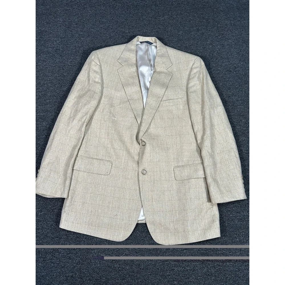 Vintage Brooks Brothers Blazer Men 43R Beige Windowpane Worsted Wool‎ Silk Linen